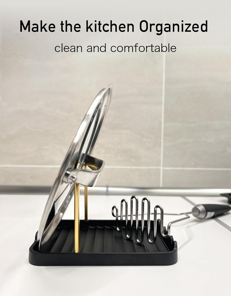 CHANNICORNER Anti-Rust Metal Spoon Rest with Lid Holder, Heat-Resistant Pot Lid Rest, Multifunctional Spatula Holder While Cooking for Stovetop and Kitchen Counter – Black Gold - Image 4